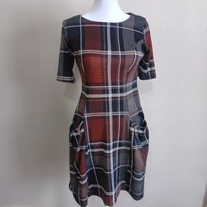 Plaid Dark Academia, Slouchy Pocket Brown Black A Line Midi Dress, Preppy School